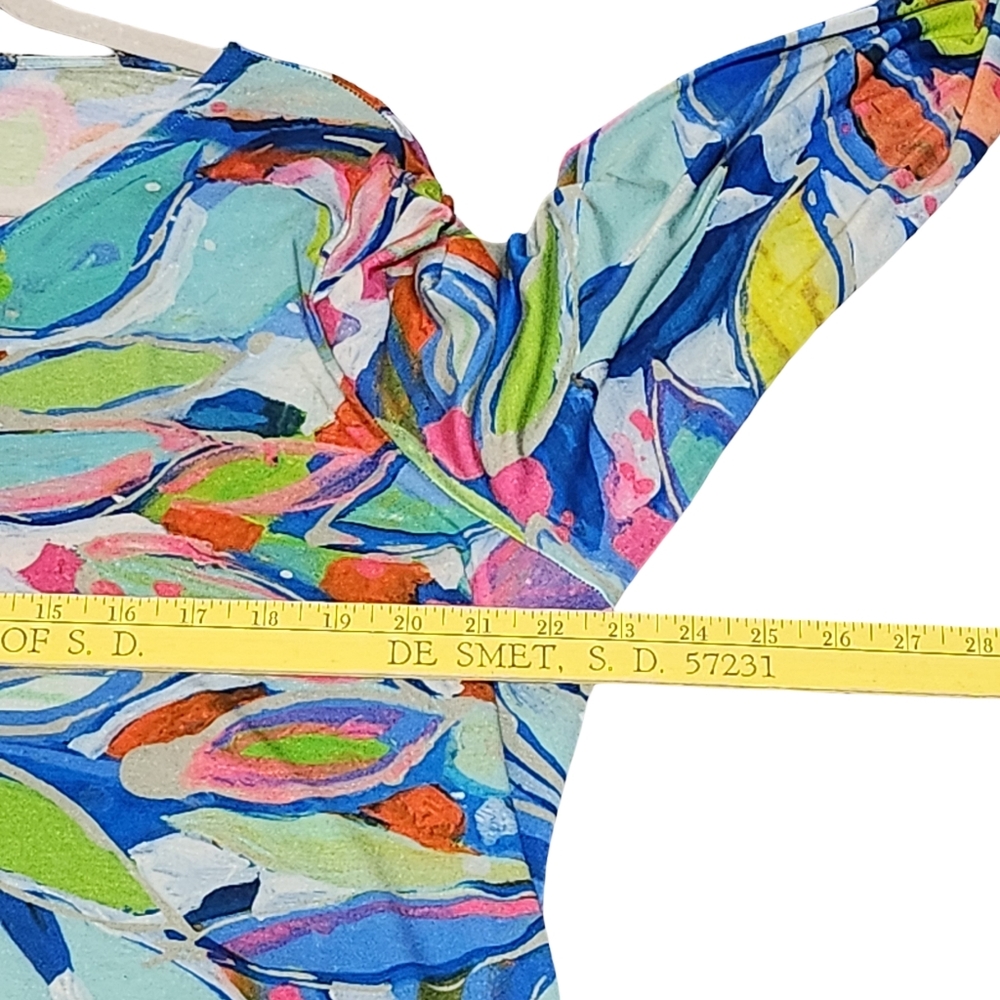 CLAIRE DESJARDINS Tunic Top Womens XL Multicolor Abstract Print Asymmetrical Hem - Picture 10 of 11